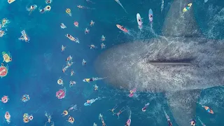 Мегалодон приплывает на пляж.   Мег: Монстр глубины The Meg