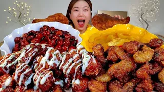 ASMR 단짠 간장치킨 양념치킨 매운떡볶이 황도 리얼먹방 :) Tteokbokki, chicken, the ecliptic MUKBANG