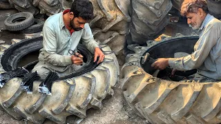 How to Repair Tractor Old Tires and Get Them Back on The Road || HUGE Tractor Tire Sidewall Repaired