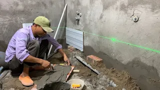 How To Install Bathroom Tiles - Cut Tiles Around The Pipe | Handle Overhead Brick Edges