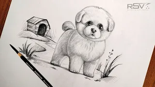 How to draw a cute dog | pencil drawing | step by step | black and white