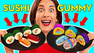 REAL FOOD VS GUMMY || Eating World’s Largest Gummy! GIANT FOOD Tasting by 123 GO! Challenge