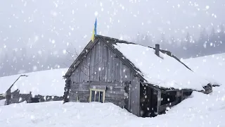 hiding in abandoned log cabin from huge snow fall , deep snow and cold night