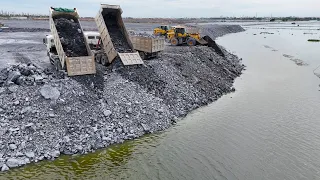 Nice Techniques Filling Stone Huge Lake by Dump Truck Moving Stone & Wheel Loader Clearing Stone