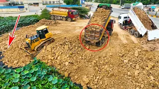 Big Project Land fill 2 Acres Updating Part 3 !Bulldozer SHANTUI Spread Soil to Water & truck Unload