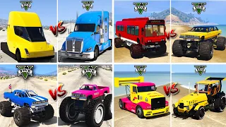 Tesla Semi Truck vs Monster Bus vs Race Truck vs Mega Monster Truck - GTA 5 Cars Which is Best?