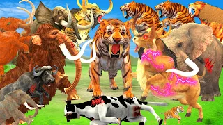 10 Woolly Mammoth vs 10 African Elephant vs 10 Tiger Big Bull Attack Cow Buffalo Saved By Mammoth