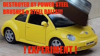 EXPERIMENT: 1/24 VW New Beetle Model Car DESTROYED by Power Brushes and Steel Balls! - Slow Motion -