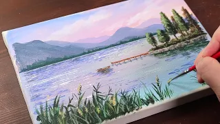 Calm Lake Landscape / Easy acrylic painting for beginners / PaintingTutorial / Painting ASMR