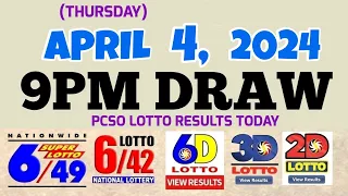 Lotto Result Today 9pm draw April 4, 2024 6/49 6/42 6D Swertres Ez2 PCSO#lotto