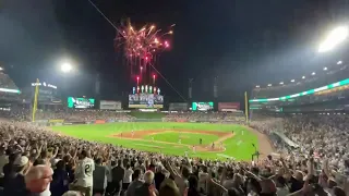 White Sox Yasmani Grandal home run vs the Cubs - scoreboard exploding at Comiskey Park￼ in Chicago ￼