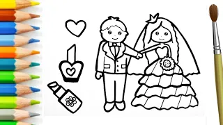 Easy cute simple bride Groom Drawing| painting Colouring kids toddlers|how to draw easy bride Groom