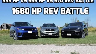 BMW X5M vs Range Rover Sport SVR vs Porsche Cayenne Turbo Rev Battle