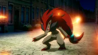 Zoroark battling Shiny Entei, Shiny Raikou, and Shiny Suicune