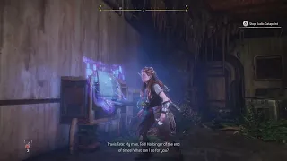 Aloy listening to audio of Travis Tate & Ted Faro