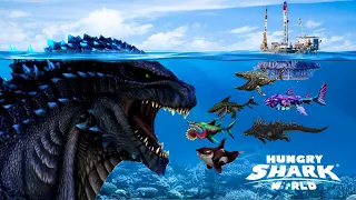 HUNGRY SHARK WORLD SHIN SHARKJIRA PLAYING IN 2 MAP GODZILLA BIG SHARK - HUNGRY SHARK WORLD GAMEPLAY