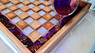 Floating Chess of Wood and Purple Epoxy Resin with LED