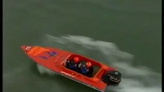 Boat jumps and dives into the water in over 60 knots!