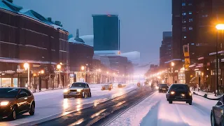Dashcam: snow-covered roads, evening traffic of a big city in winter.