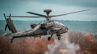 U.S AH-64 Apache Helicopter in Full Action - Machine Gun,  Rocket Launch Live Fire