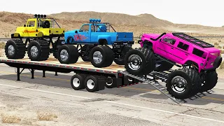 Monster Trucks Transportation with Truck on Flatbet Trailer - Speed Bumps vs Cars - Beamng Drive
