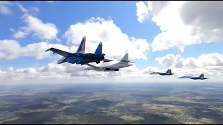 СУ-35С "Русских витязей" сопровождают ТУ-160 на парад. SU-35S Russian Knights accompany TU-160. 360.