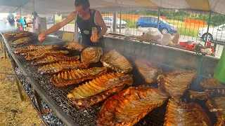 Italy Street Food. Huge Grill of Ribs, Sausageas, Picanha, Churrasco and more Food