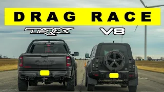 2022 Land Rover Defender V8 Supercharged vs Ram 1500 TRX go head to head on a drag and roll race.