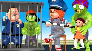 Giant Zombie and Chuky fake Police vs Nickhulk - Scary Teacher 3D Baby doll Squid Game Leave Home