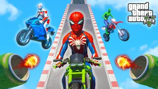 All SPIDERMAN Suits Motorcycles Mega Ramp Speed Jump Challenge Competition #603