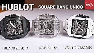 HUBLOT Square Bang Unico. Sapphire and White Ceramic & Black Magic.