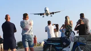 PEOPLE VS PLANES at Skiathos - EXTREME JET BLASTS and LOW LANDINGS