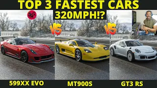 Forza Horizon 4 Top 3 Fastest Cars - Ferrari 599xx Evo vs Mosler MT900s vs Porsche 911 GT3 RS PO