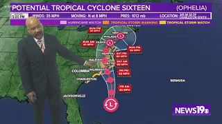 Soon to be Tropical Storm Ophelia forecasted more clouds and cooler temperatures.