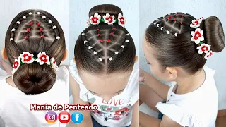 Penteado Infantil fácil com ligas e coque rosquinha / Easy Bun hairstyle for little girls