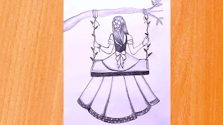 How to Draw Girl | Girl Swinging on Tree Drawing - Pencil sketch | رسم فتاة  | backside girl drawing