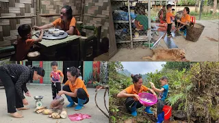 Single mother catches fish, digs bamboo shoots to sell, installs electricity, and cooks.