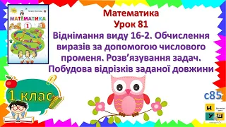 Математика 1 клас Урок 81 Віднімання виду 16-2. Обчислення виразів за допомогою числового променя.