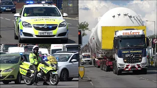 Large medical grade oxygen tanker escorted by police cars and motorcycles