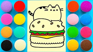 Sand painting Pusheen the cat on a cheeseburger for kids and toddlers