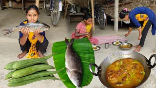 How to cook BIG ROHU Fish recipe with fresh JHINGE by santali tribe girls | Very tasty fish recipe