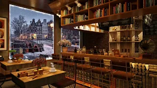 Snow Falling Night in Cozy Coffee Shop | Smooth Jazz Music to Relax/Study/Work