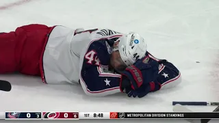 Vladislav Gavrikov bloodied after blocking shot in the face