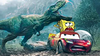 Spongebob and Lightning Mcqueen Escape From T-Rex Dinosaur | BeamNG.Drive Reaction | Woa Doodles