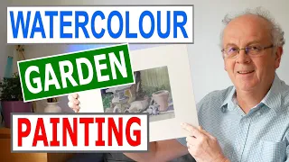 Watercolour Garden Painting of Garden Ornaments and Pots