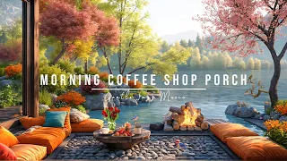 Soft Sunlight and Warm Fireplace with Slow Jazz Piano at Morning Coffee Shop Porch to Relaxation