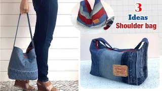 3 ideas sewing denim shoulder bag tutorial from old jeans , jeans bag diy , how to sew shoulder bag.