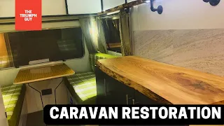 Vintage Caravan Restoration: Upholstery, Live Edge Worktop, and Shelves Restoration!