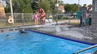 Harper’s first time off diving board in Enderlin she is 3 and Olivia 4