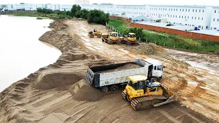 Best Technique Biggest Pond Filling Up Bulldozer Clearing Cut Off Sand Into Deep Water